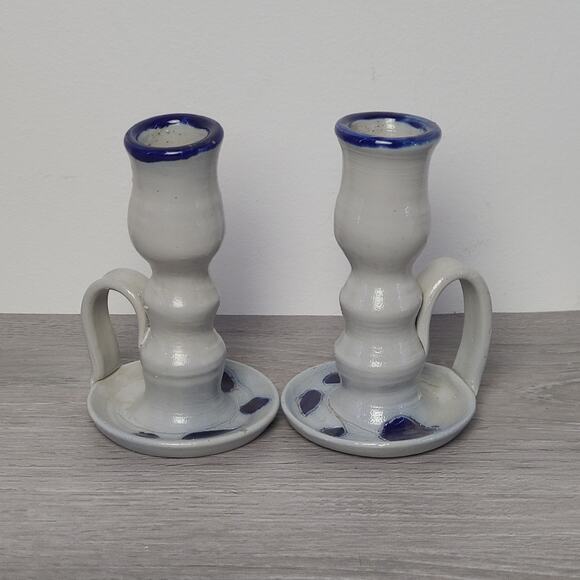 Williamsburg Pottery Salt Glazed Candlestick Holders Blue Leaf Set Of 2 - Picture 1 of 7
